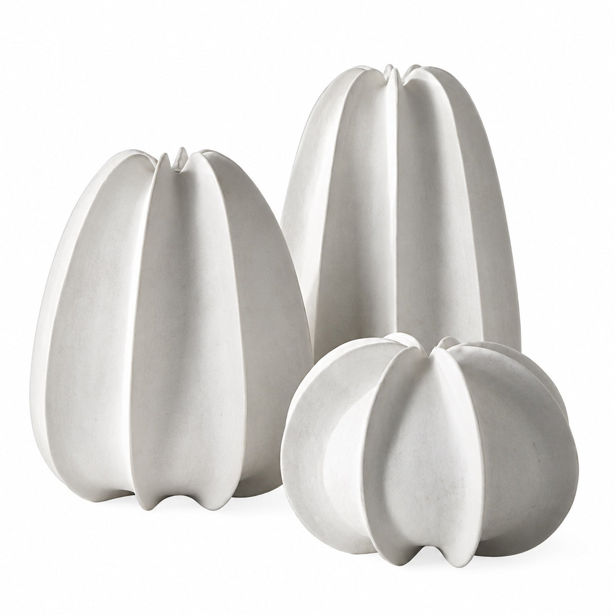 Three ribbed ceramic vases in white and light gray, arranged in a set against a plain white background.