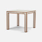 Square table with white surface and brown frame on a white background