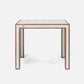 Rectangular table with a white top and brown frame on a light gray background