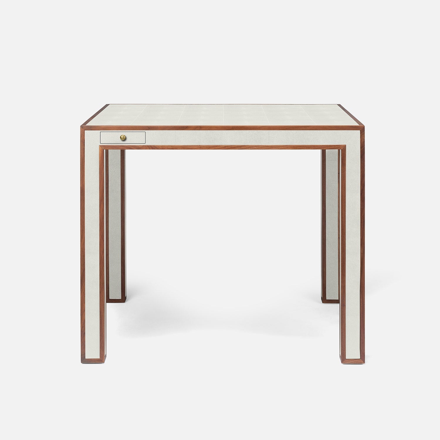 Rectangular table with a white top and brown frame on a light gray background