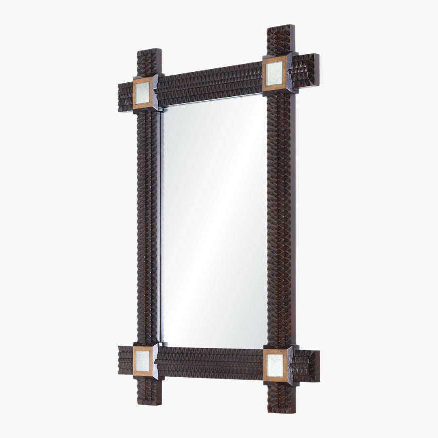 Rectangular mirror with woven brown frame on a white background