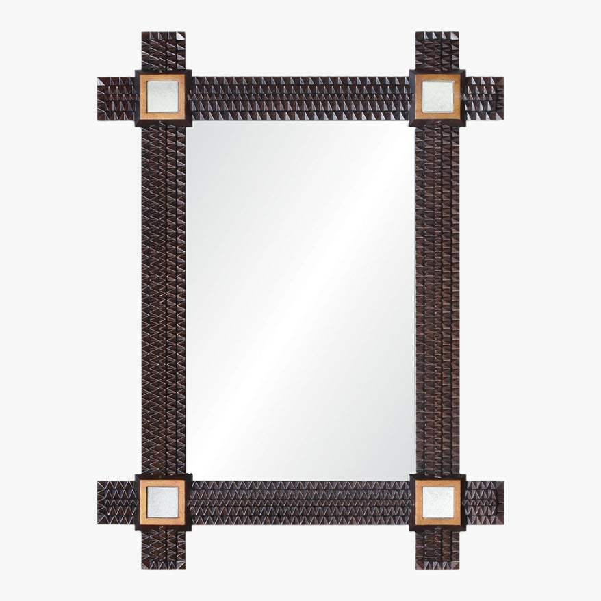 Rectangular mirror with a woven brown frame on a white background