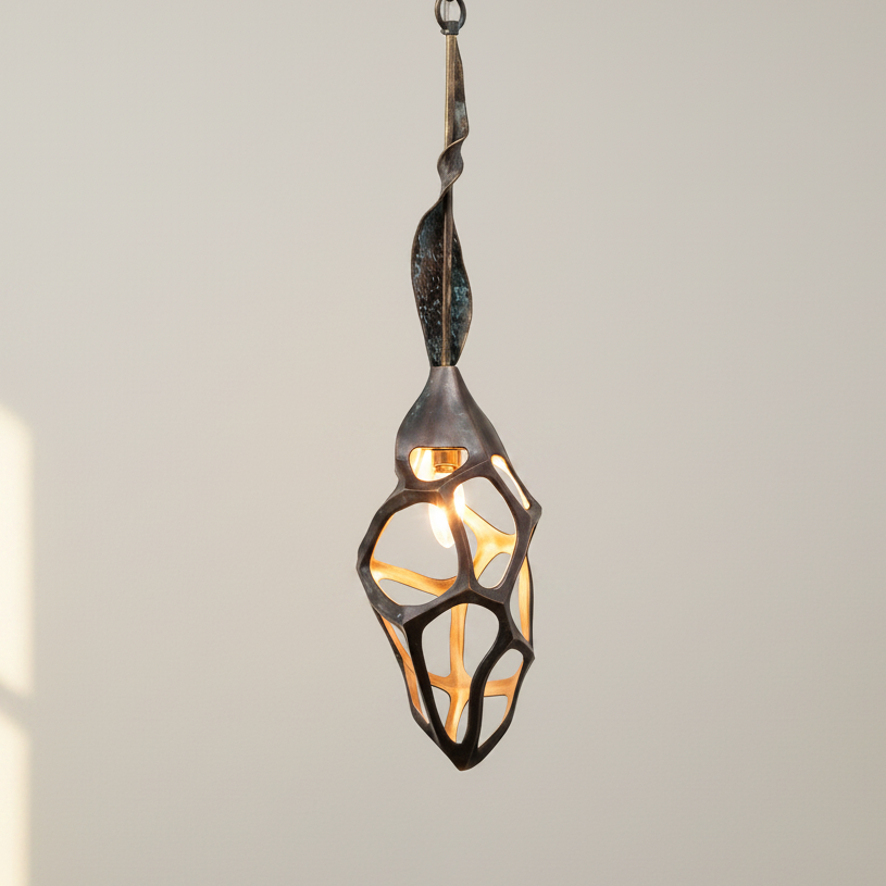 Modern pendant light with intricate design on a neutral background