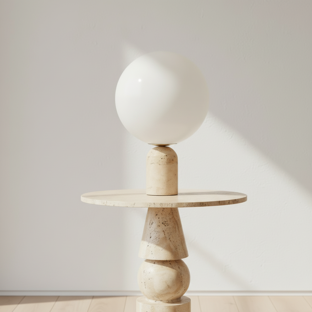 Modern side table with a spherical white light fixture against a plain wall.