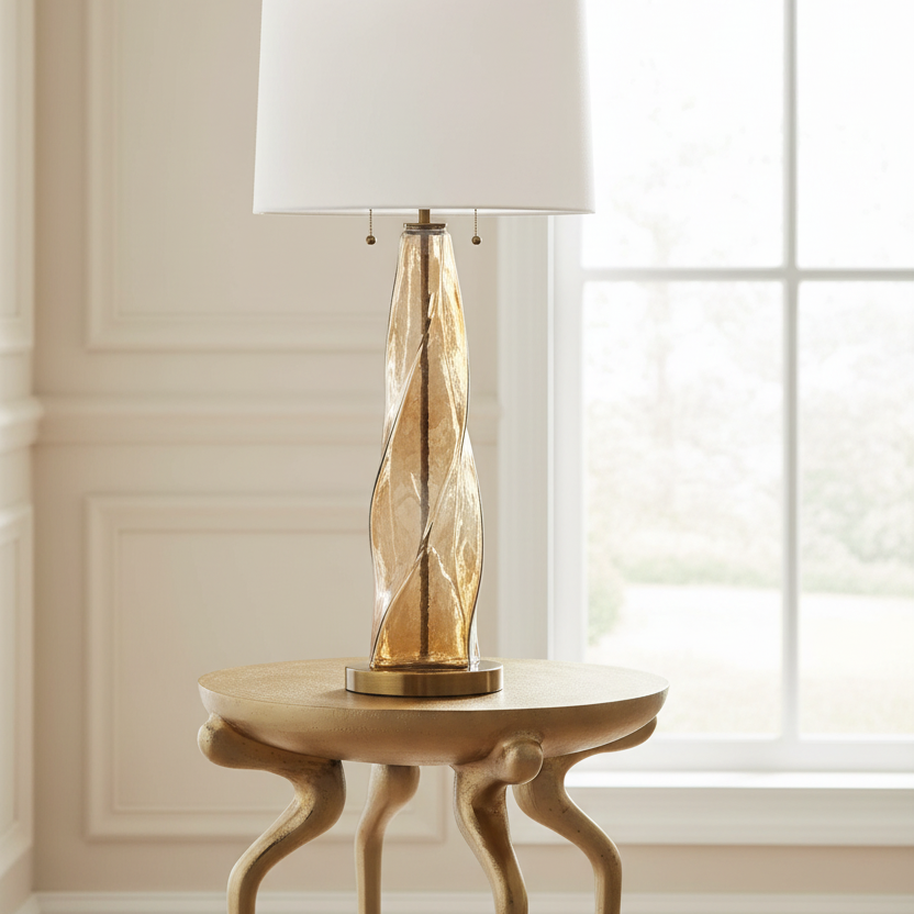 Decorative table lamp with gold base and white shade on a wooden side table in a room with large windows.