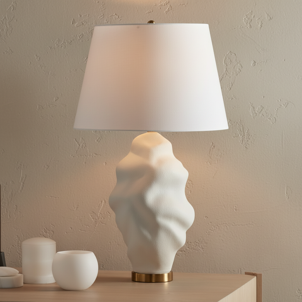 White table lamp with a textured base on a wooden surface against a beige wall.