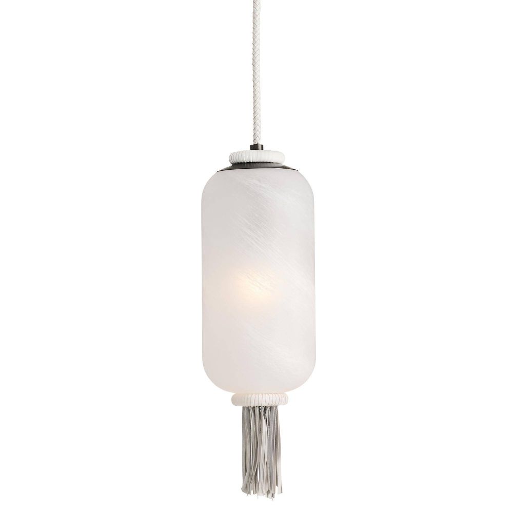 Pendant light with white glass shade and decorative tassel on a white background