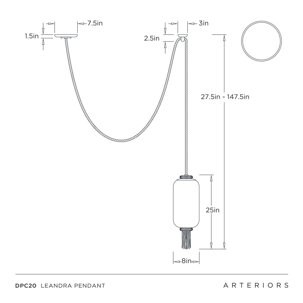 Technical drawing of a Leandra pendant with dimensions labeled, featuring Arteriors branding.
