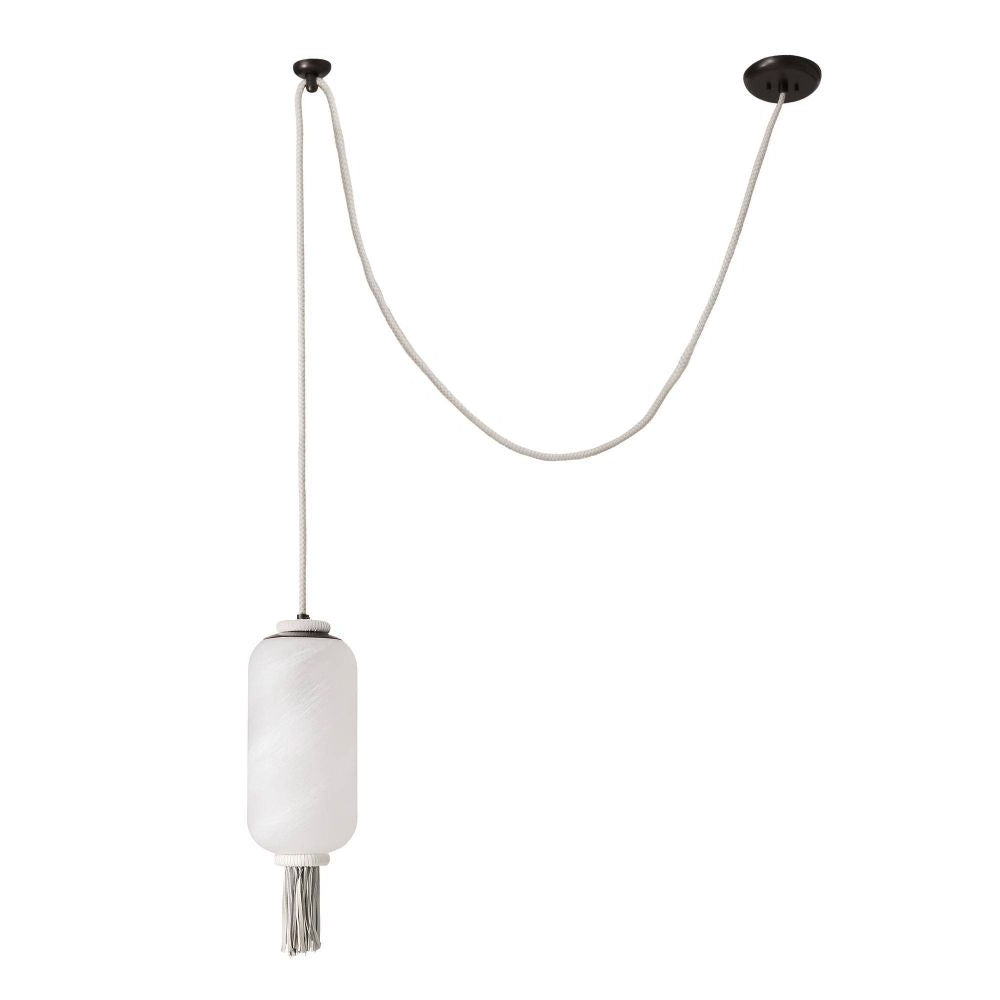 Pendant light with white shade and tassel on a white background