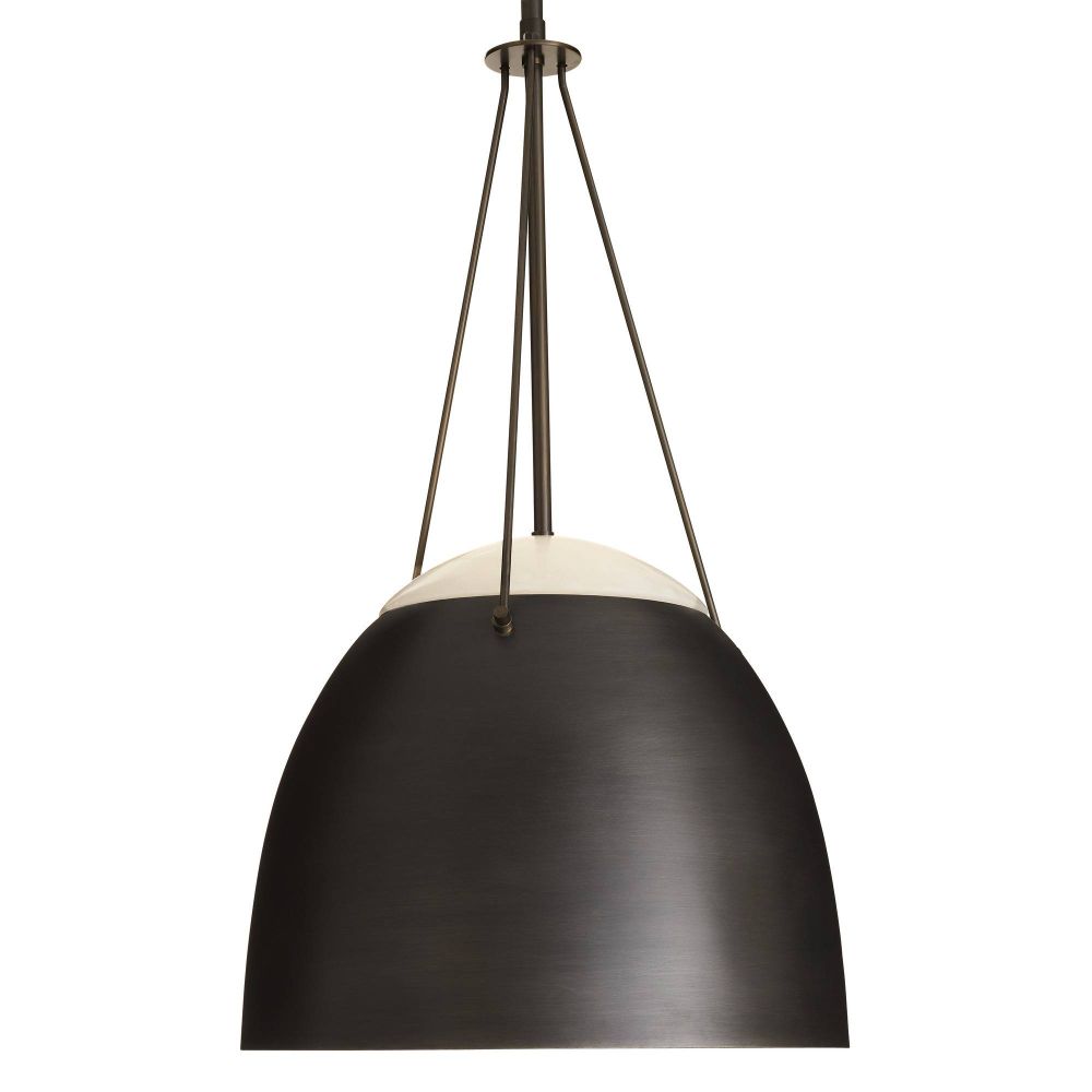 Black pendant light with white base on a white background