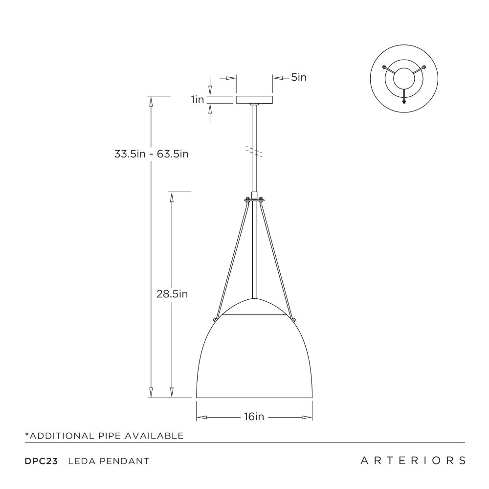 Technical drawing of a pendant light with dimensions and Arteriors branding.