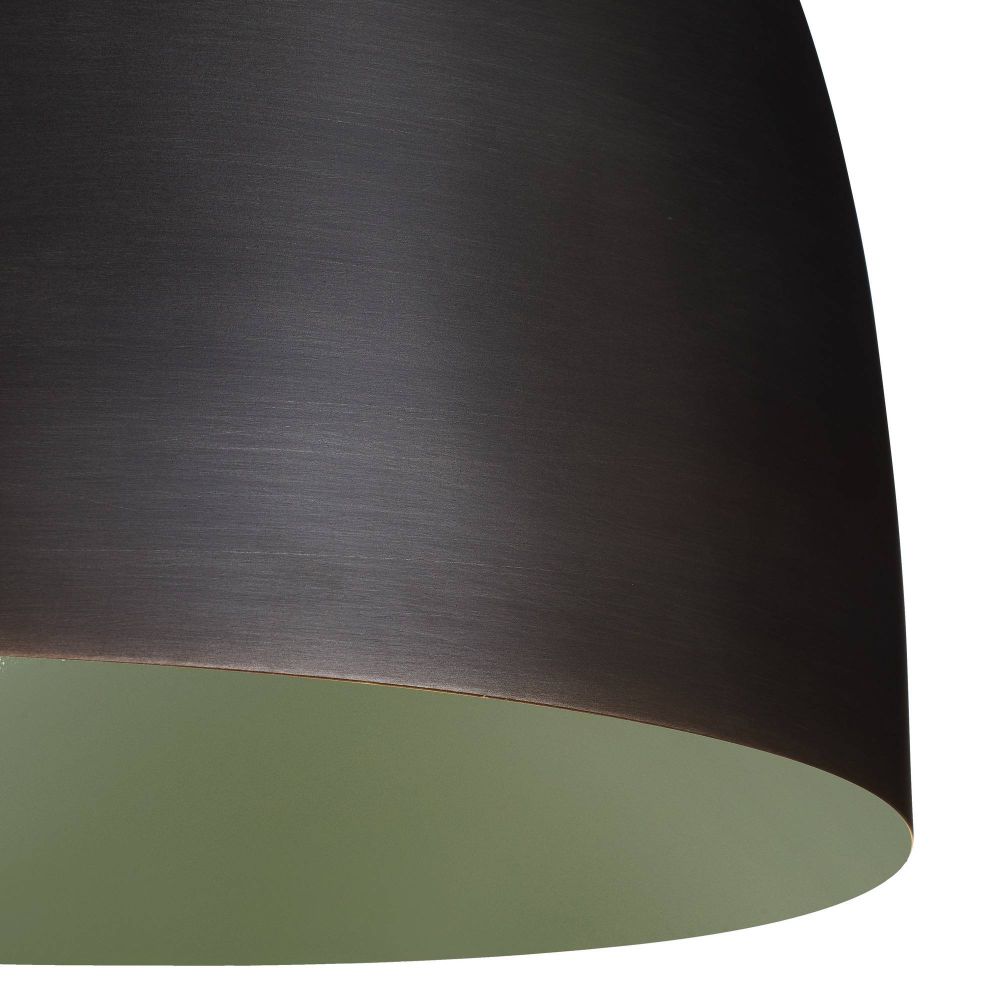 Close-up of a dark brown lampshade with a light green interior on a white background
