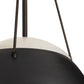 Close-up of a black pendant light with metal suspension on a white background