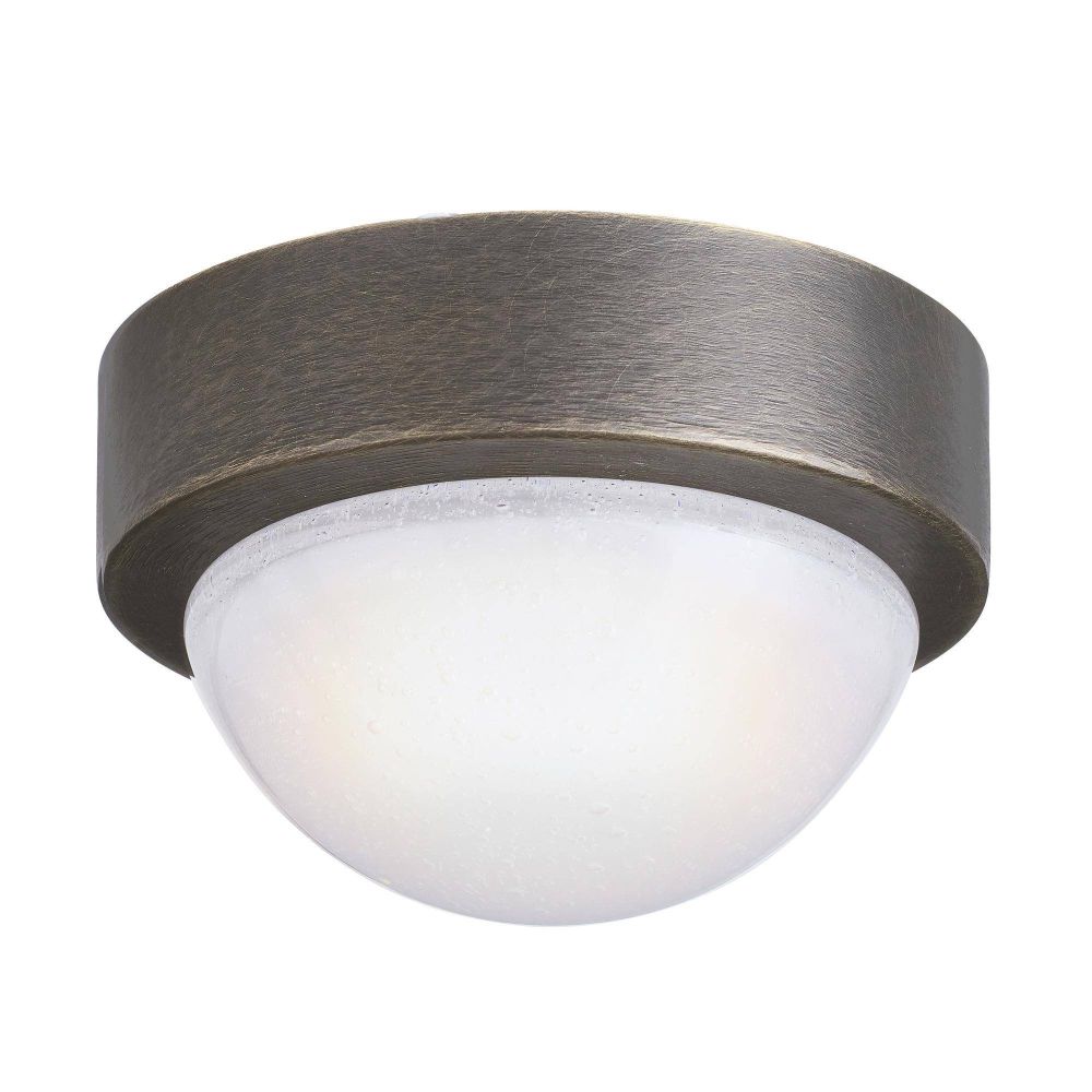 Ceiling light fixture with bronze finish and white glass on a white background