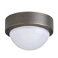 Ceiling light fixture with bronze finish and white glass on a white background