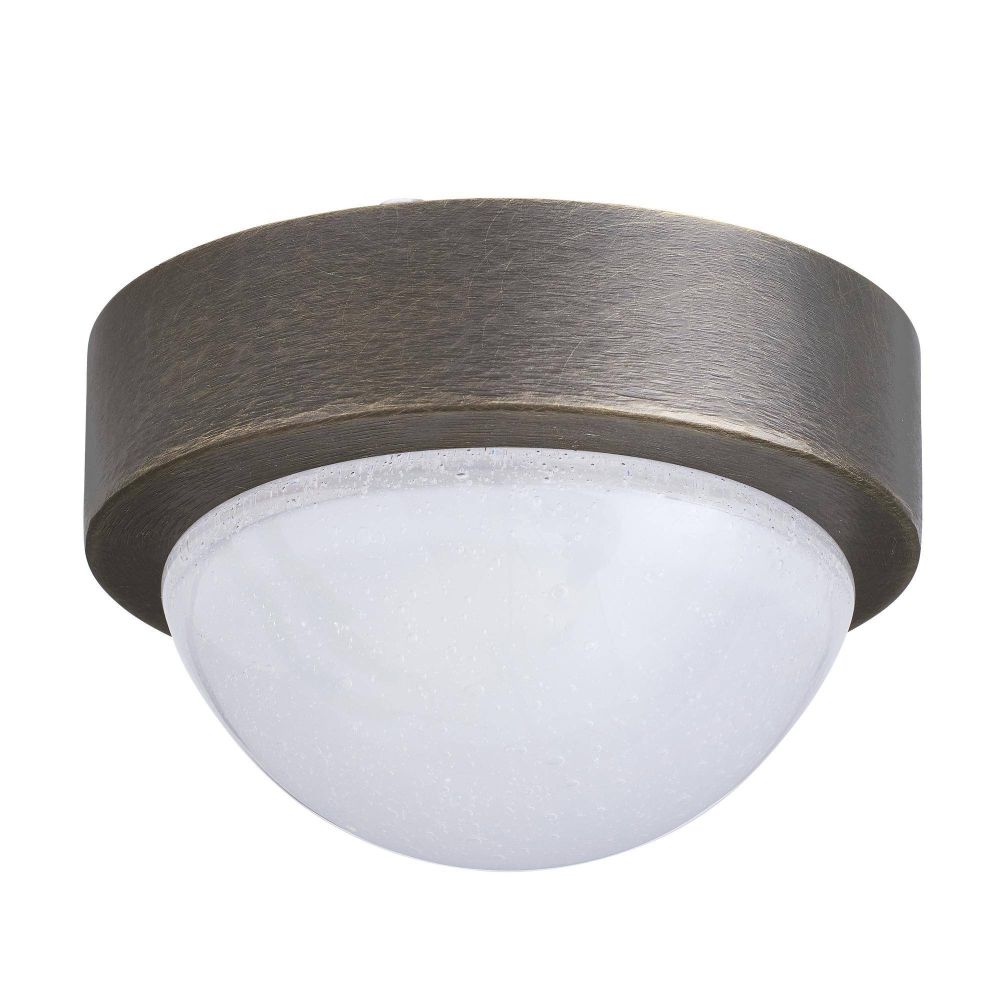 Ceiling light fixture with bronze finish and white glass on a white background