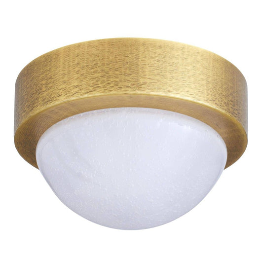 Ceiling light fixture with gold metallic finish and white glass cover on a white background
