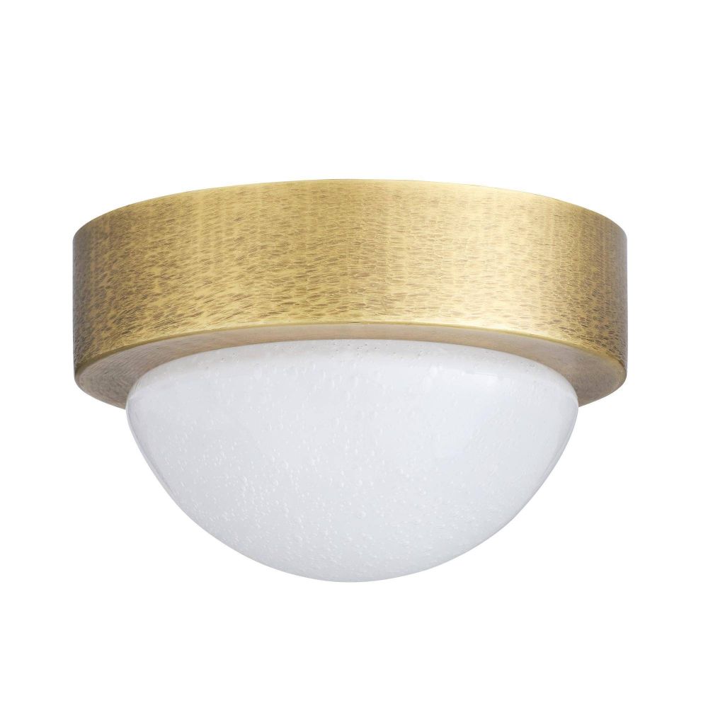Ceiling light fixture with gold rim and white glass on a white background