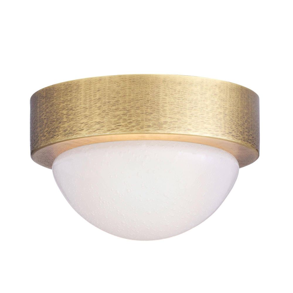 Ceiling light fixture with gold finish and white glass on a white background