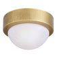Ceiling light fixture with gold finish and white glass on a white background