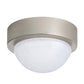 Ceiling light fixture with silver rim and white glass on a white background