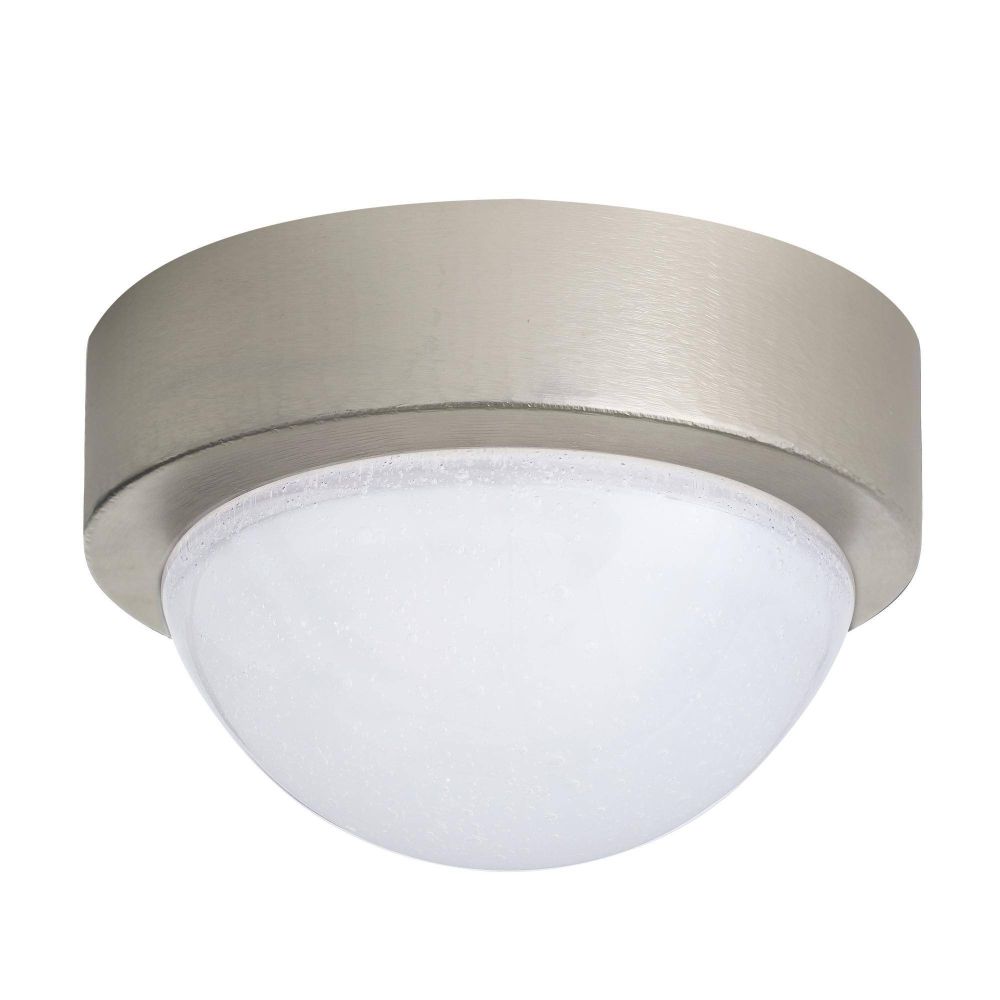 Ceiling light fixture with silver rim and white glass on a white background