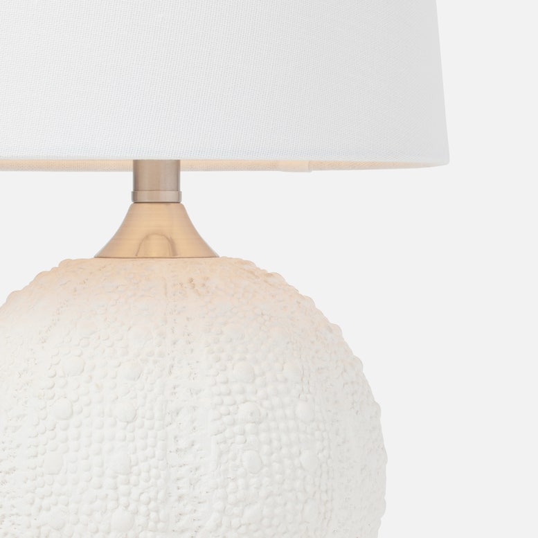 Close-up of a textured white lamp base with a white shade on a light gray background