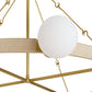 Gold chandelier with a white glass globe on a white background