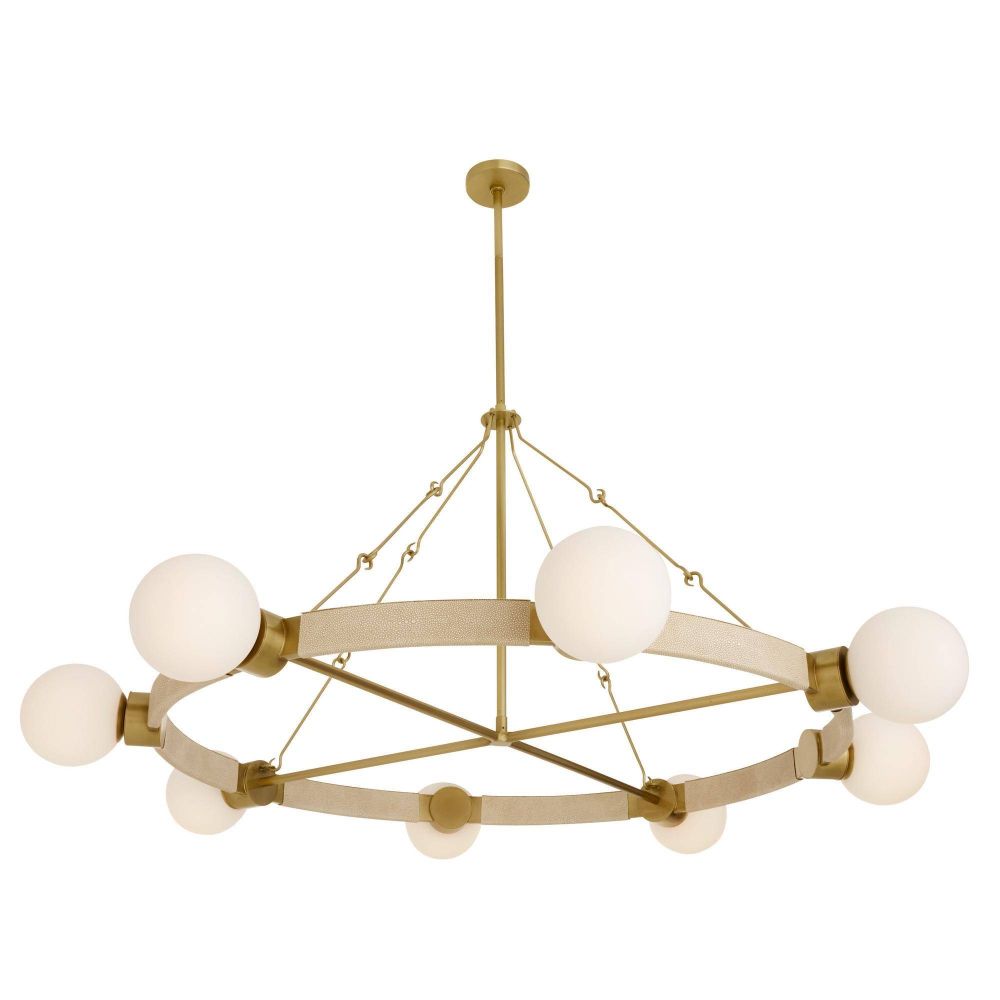 Gold chandelier with white spherical lights on a white background