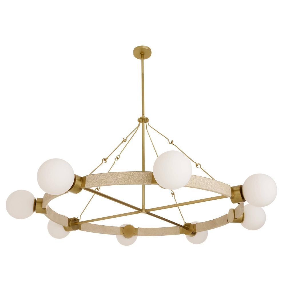 Gold chandelier with white spherical lights on a white background