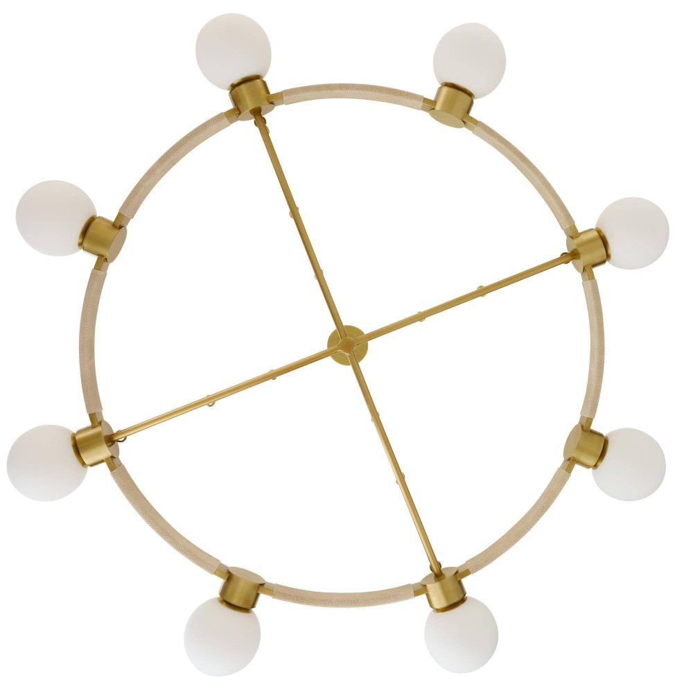 Modern chandelier with gold frame and white bulbs on a white background