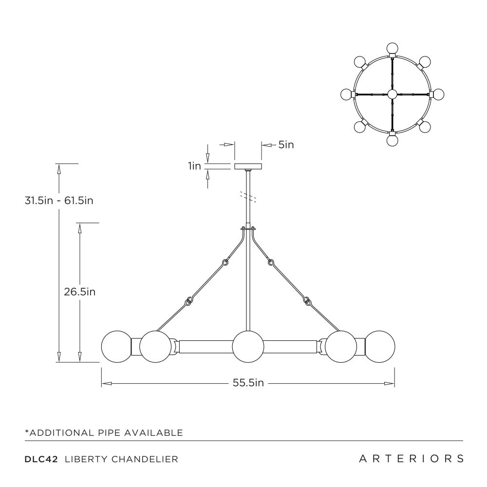 Technical drawing of a Liberty chandelier with dimensions and Arteriors branding.
