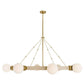 Modern chandelier with gold frame and white spherical lights on a white background