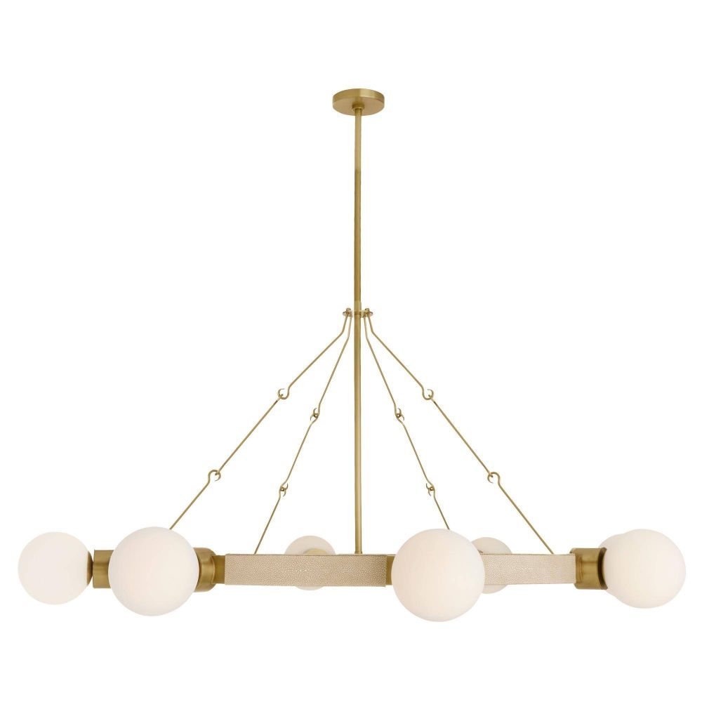 Modern chandelier with gold frame and white spherical lights on a white background