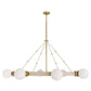 Modern chandelier with gold frame and white spherical lights on a white background