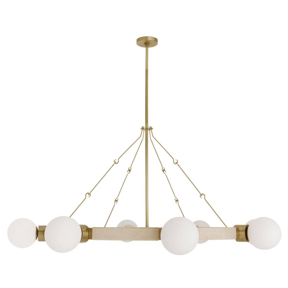 Modern chandelier with gold frame and white spherical lights on a white background