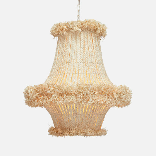 Rattan pendant light with frayed edges on a white background