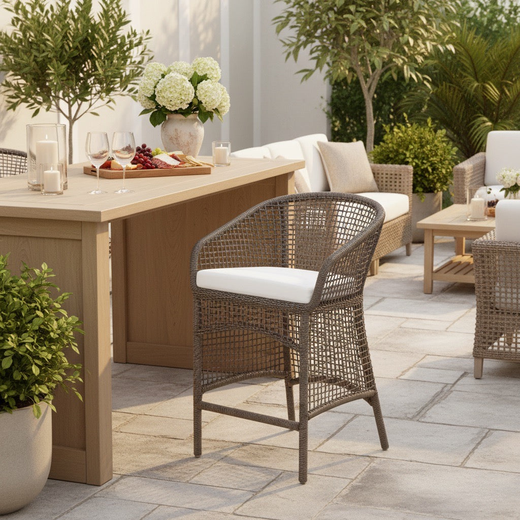 Outdoor patio setting with wooden table, wicker chairs, and decorative elements.