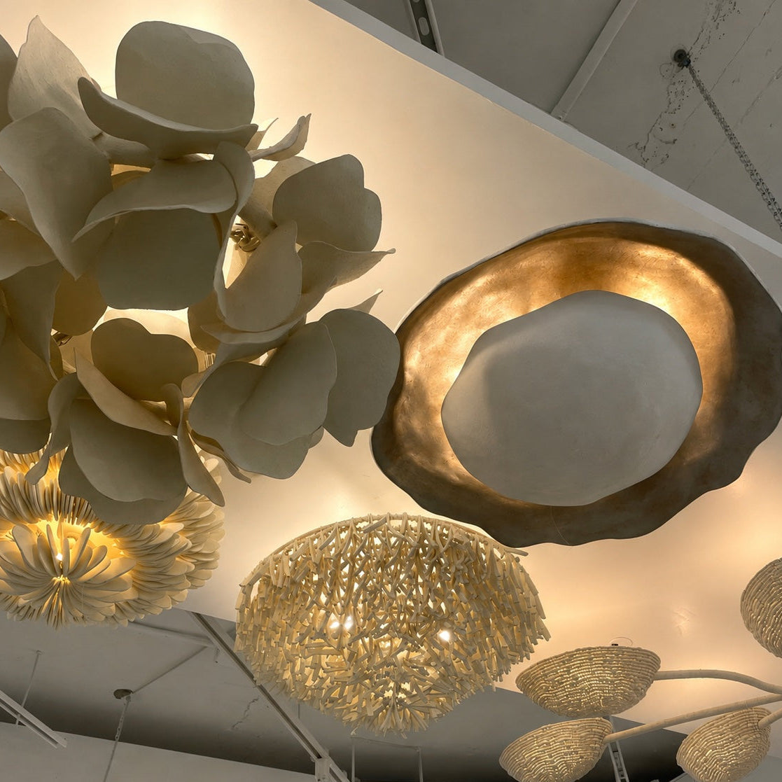 A collection of sculptural, organic-shaped pendant light fixtures in warm cream, gold, and bronze tones, shown hanging from the ceiling of a gallery or showroom.