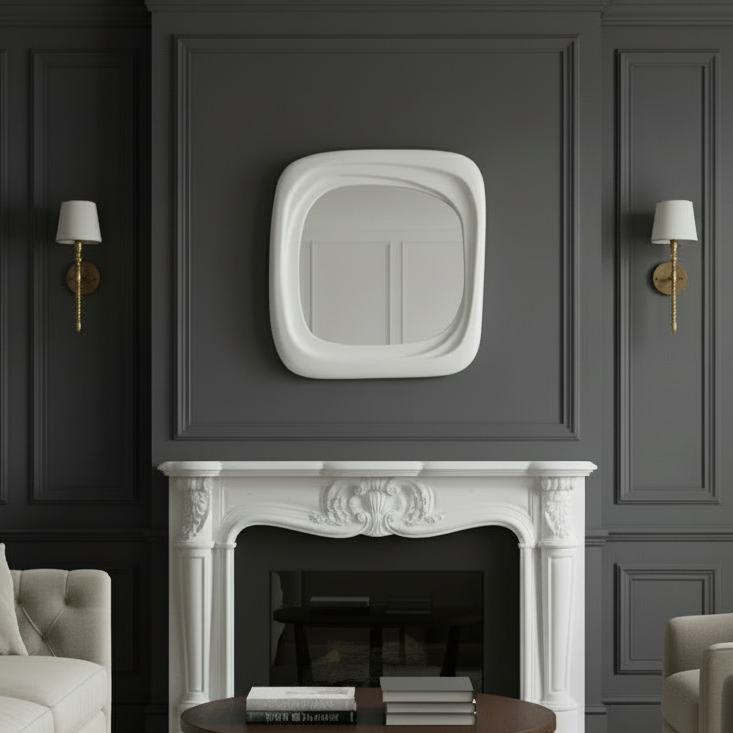Living room with gray walls, white fireplace, and beige furniture.