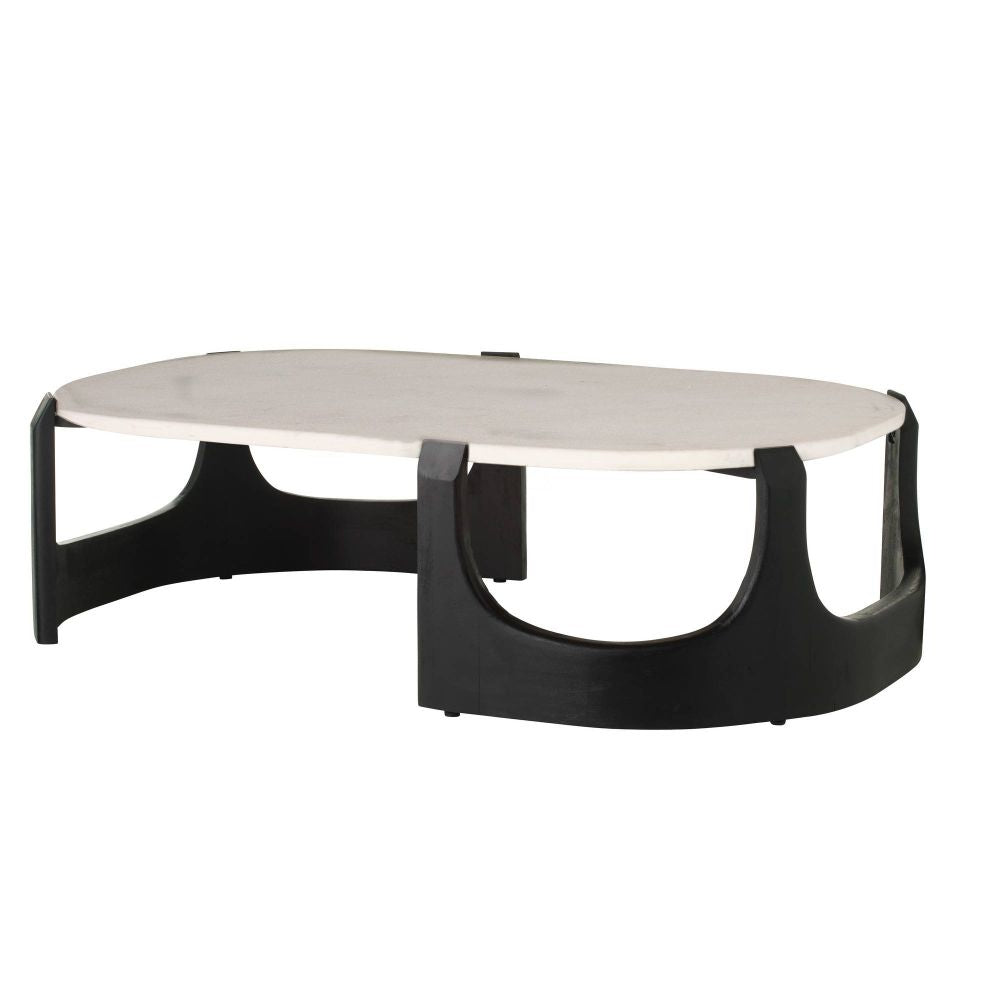 Modern coffee table with white top and black base on a white background
