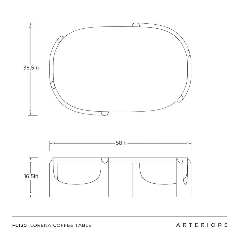 Technical drawing of a coffee table with dimensions labeled, featuring the brand 'Arteriors'.