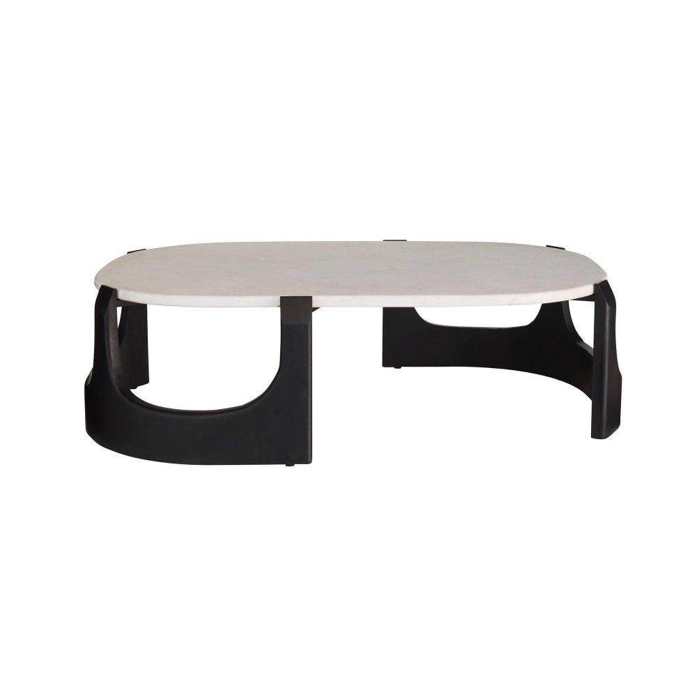 Modern coffee table with white top and black base on a white background