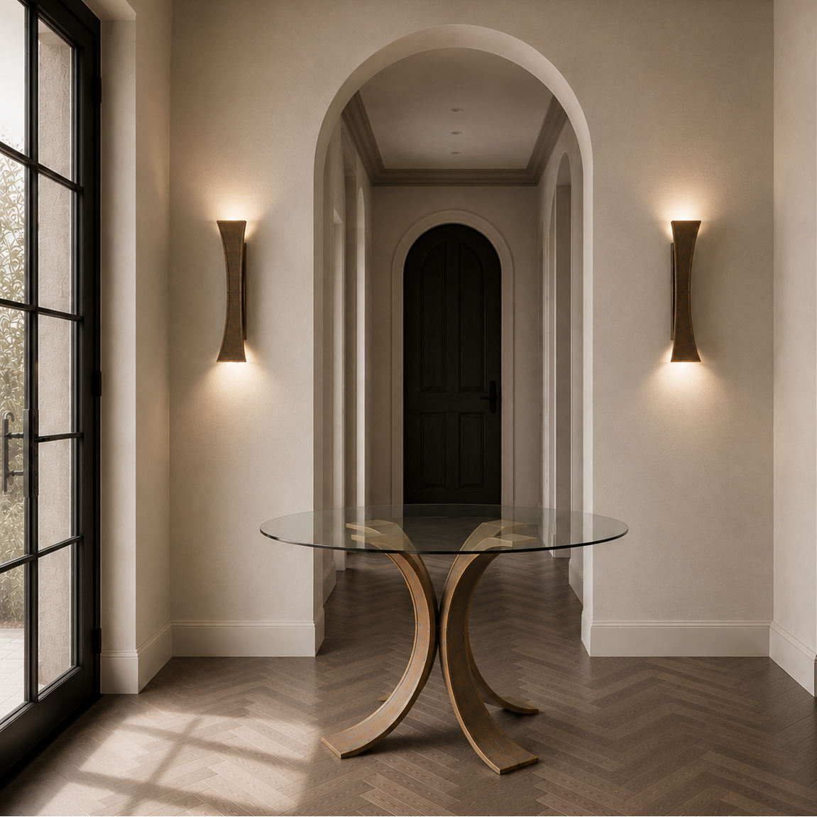 A modern interior hallway with beige walls, arched doorways, wood herringbone flooring, and two sculptural curved wall sconces flanking a glass-top table with a curved wooden base.