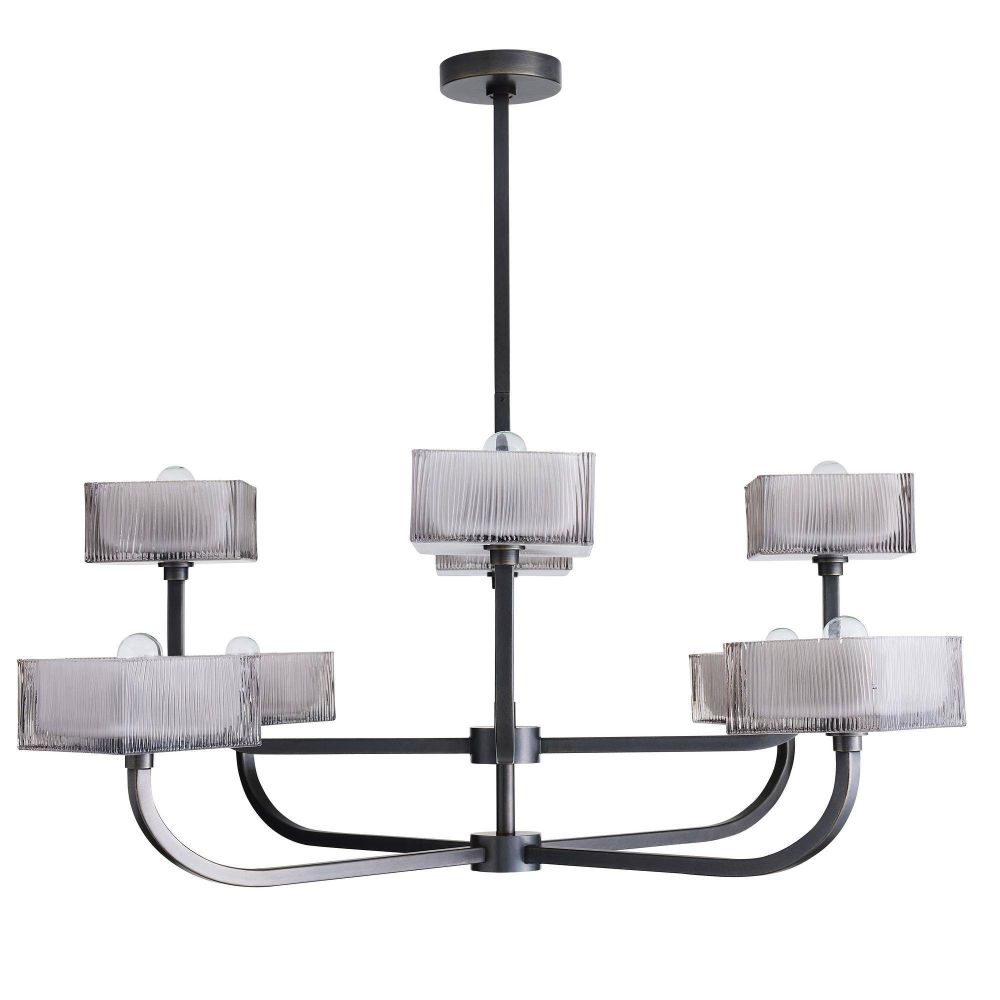 Chandelier with six lampshades on a white background