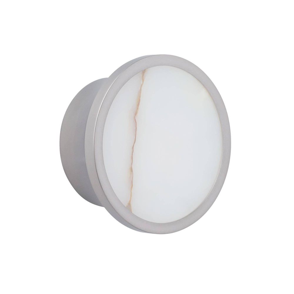 Round white light fixture on a white background