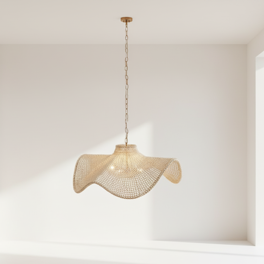 Decorative pendant light hanging in a minimalistic room with white walls and ceiling.