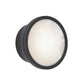 Round wall light fixture with black frame and white glass on a white background
