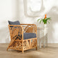 Wicker chair with patterned cushions and a small table with a plant in a modern room.