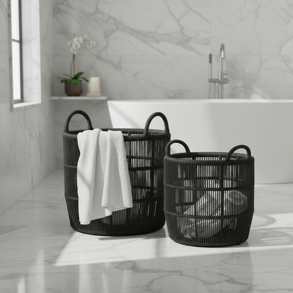 Two black woven basket laundry hamper sets in different sizes, styled in a modern bathroom with a white marble tub and floor. One larger hamper holds a white towel, and the smaller one holds folded towels.
